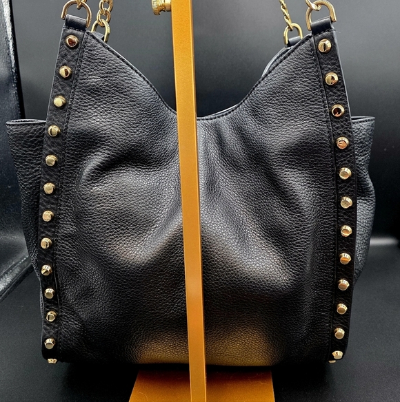 Michael Kors Black Pebbled Leather Goldtone Chain Handles Studded Satchel - Picture 6 of 12